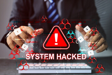 cyber security concept. businessman or programmer acts shock gesture when discovers that computer ha