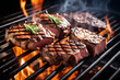 Close up view on a Barbeque grill with delicious grilled meat and vegetables