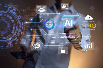 Businessman move to pointing at AI to command business information, create photos, work in factory industry instead of human or interact with customer service as chatbot and cyber security guards