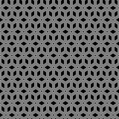 Repeated black cubes with white borders background. Geometric shapes wallpaper. Seamless surface pattern design with polygons. Cubic motif. Digital paper with dices for web designing, textile print.