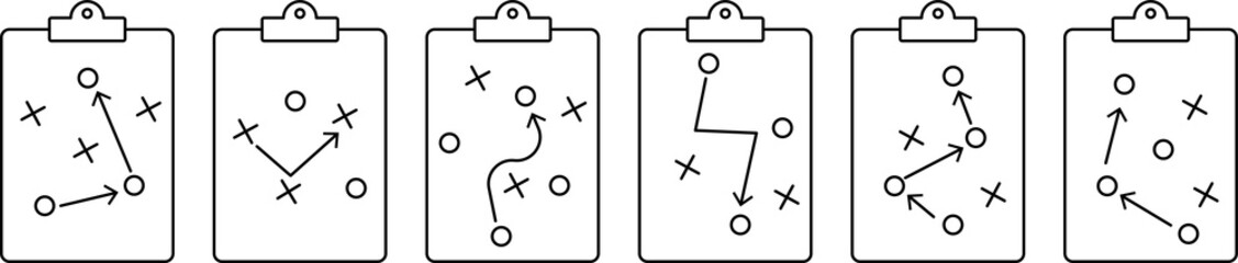 Set of clipboard game plan icons. Football coach strategy board. PNG