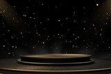 Fototapeta Kosmos - Black podium product stage with spotlight and golden glitter background.