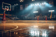 © cwa - Basketball goal in a beautiful gymnasium illuminated by spotlights.