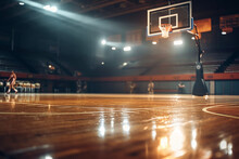 Basketball Goal In A Beautiful Gymnasium Illuminated By Spotlights.