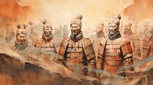 Watercolor Painting Of Chinese Terracotta Army. 