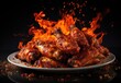 © alauli - Buffalo chicken wings with hot sauce topping and fire fire on a plate isolated in black background