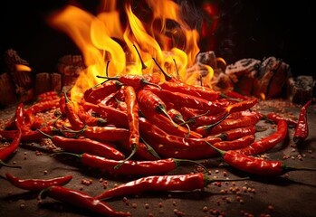 Hot red chili peppers burning on fire on black background