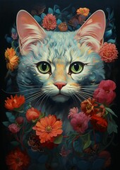 Canvas Print - AI generated illustration of a vibrant painting featuring a cat in, with bright flowers