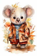 Canvas Print - AI generated illustration of a cute koala in front of colorful leaves