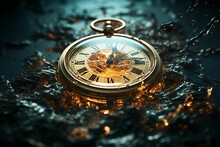 Antique Gold Pocket Watch Submerged In A Pool Of Water, AI-generated.