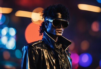 Wall Mural - AI generated illustration of a young male wearing a black leather jacket and sunglasses