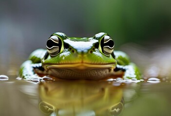 Poster - AI generated illustration of a bright green frog perched on the surface of still water