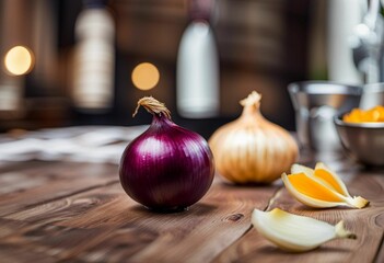 Sticker - AI generated illustration of onions on a wooden table in the kitchen