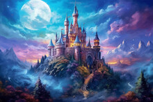Castle, Bridge And River Under The Full Moon. Princess Castle On The Cliff. Fairy Tale Castle In The Mountains. Fantasy Night Landscape. Castle On The Hill. Fairy City. Kingdom. Magic Tower. Art