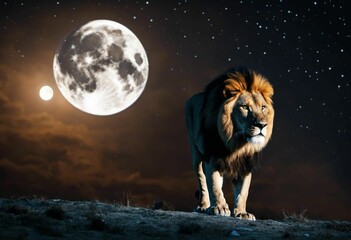 Poster - AI generated illustration of a majestic lion in the grass illuminated by the pale moonlight