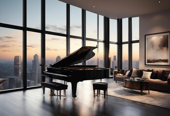 Wall Mural - Living room with a grand piano in the center and a window with a view of a cityscape, AI-generated.