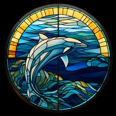 Wall Mural - AI generated illustration of a stained glass portrait of a dolphin swimming in a vibrant sea