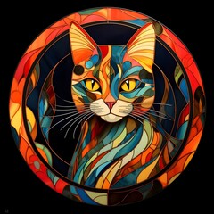 Canvas Print - AI generated illustration of a stained glass portrait of a cat against an abstract background