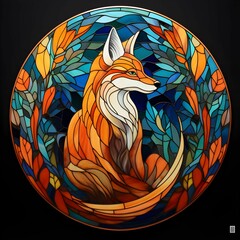 Wall Mural - AI generated illustration of a stained glass portrait of a fox against an abstract background