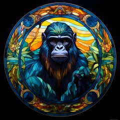 Wall Mural - AI generated illustration of a stained glass portrait of a monkey against an abstract background