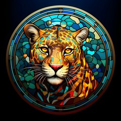Wall Mural - AI generated illustration of a stained glass portrait of a leopard against an abstract background