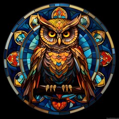 Poster - AI generated illustration of a stained glass portrait of an owl against an abstract background