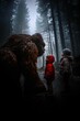AI generated illustration of a child introducing his friend to an enormous sasquatch