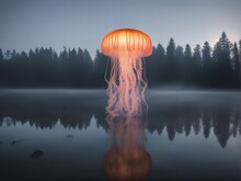 AI Generated Illustration Of A Majestic Jellyfish Gliding Gracefully Over The Waters Of A Lake