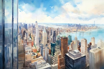 Wall Mural - AI generated illustration of a watercolor painting of New York cityscape