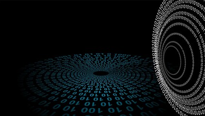 An illuminated, blue-hued tunnel with a large eye in the center, composed of binary digits