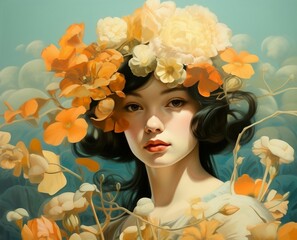 Wall Mural - ai generated illustration of a young woman wearing a vibrant floral headpiece standing in a field