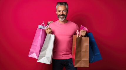 Happy smiling man holding shopping bags on pink background