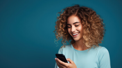 Happy smiling young woman is using her phone on a colored background.