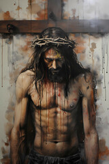 Wall Mural - Expressive Modern Art of Jesus with Crown of Thorns and Bloodstained Robe