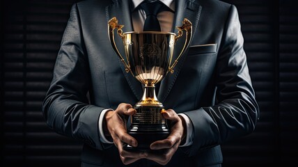 Businessman with formal suit holding golden trophy winning award in dark dramatic background.