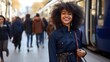 Tall Black Girl in Dark-Blue Dress with Afro Haircut Smiling  Sunny Spring Day Photography