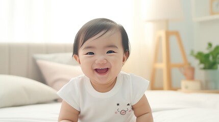 Wall Mural - Super Cute Chinese 3-Month-Old Baby with Happy Smile White Shirt