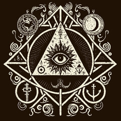 Occult symbols composition in dotwork style. Abstract mystic elements, Sacred triangle with eye in retro flat lay composition.