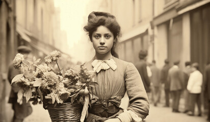 Wall Mural - Nostalgia for old Paris: Old photo of young pretty French woman with flowers, 18th century