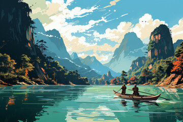 Wall Mural - vector art of Travelers on the boat enjoy nature,Thailand, beautiful Asian holiday destinations.generative ai