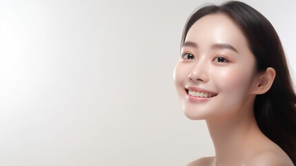 Sticker - Radiant Beauty Portrait: A young Asian woman with flawless skin and a radiant smile, exuding confidence and natural beauty. Perfect for skincare, beauty, and cosmetics advertising. 