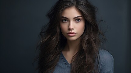 Poster - Captivating Gaze: Portrait of a Young Woman with Long Brown Hair