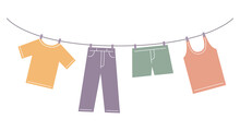 Clothes Hanging On Clothesline In Outdoor. Drying Clothes. Vector Flat Illustration.
