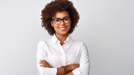 Poster - Portrait and smile of a businesswoman working startup career. On a white background, a female entrepreneur leads a corporation.