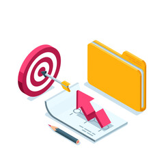 Wall Mural - isometric sheet of paper with an arrow near a folder and a target with an arrow in color on a white background, achieving success or successfully executing a plan