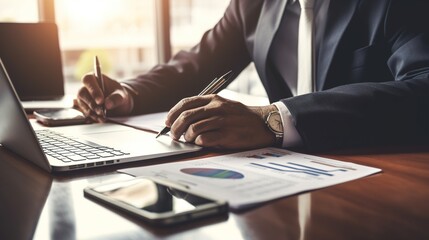 Canvas Print - Businessman is working on a laptop computer and analyzing a financial graph on the desk office