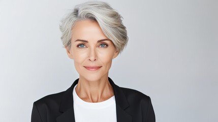 Canvas Print - Close up of a serinoir businesswoman on gray background