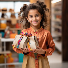 indian little girl smiling and holding gift box