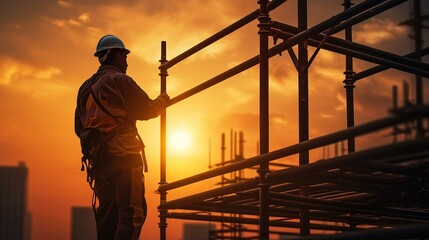 Sticker - Construction Worker Silhouette at Sunset: A lone worker stands against the backdrop of a fiery sunset