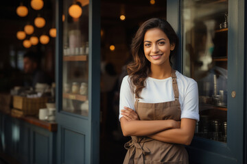 Wall Mural - Confident female chef or cook standing at restaurant